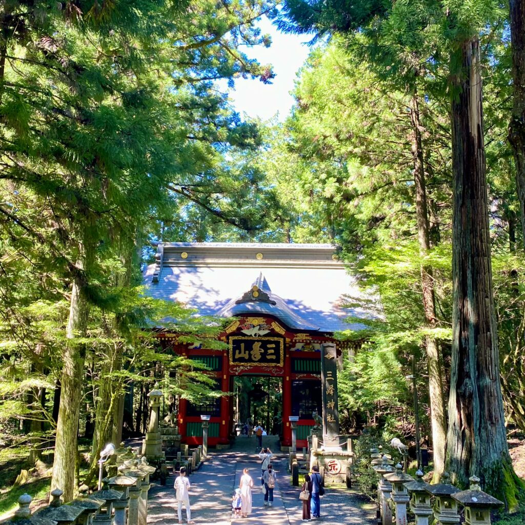 杉の巨木に囲まれた三峯神社の随身門