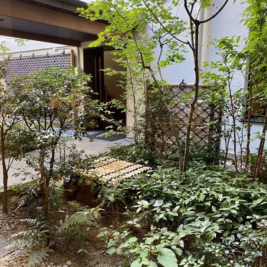 京都寺町・一保堂茶舗の店内から見える緑豊かな中庭