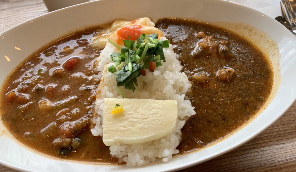 金澤ななほしカレーで食べたカレー。中央のご飯を挟んで二種類のカレーが盛られ、卵や野菜が添えられている
