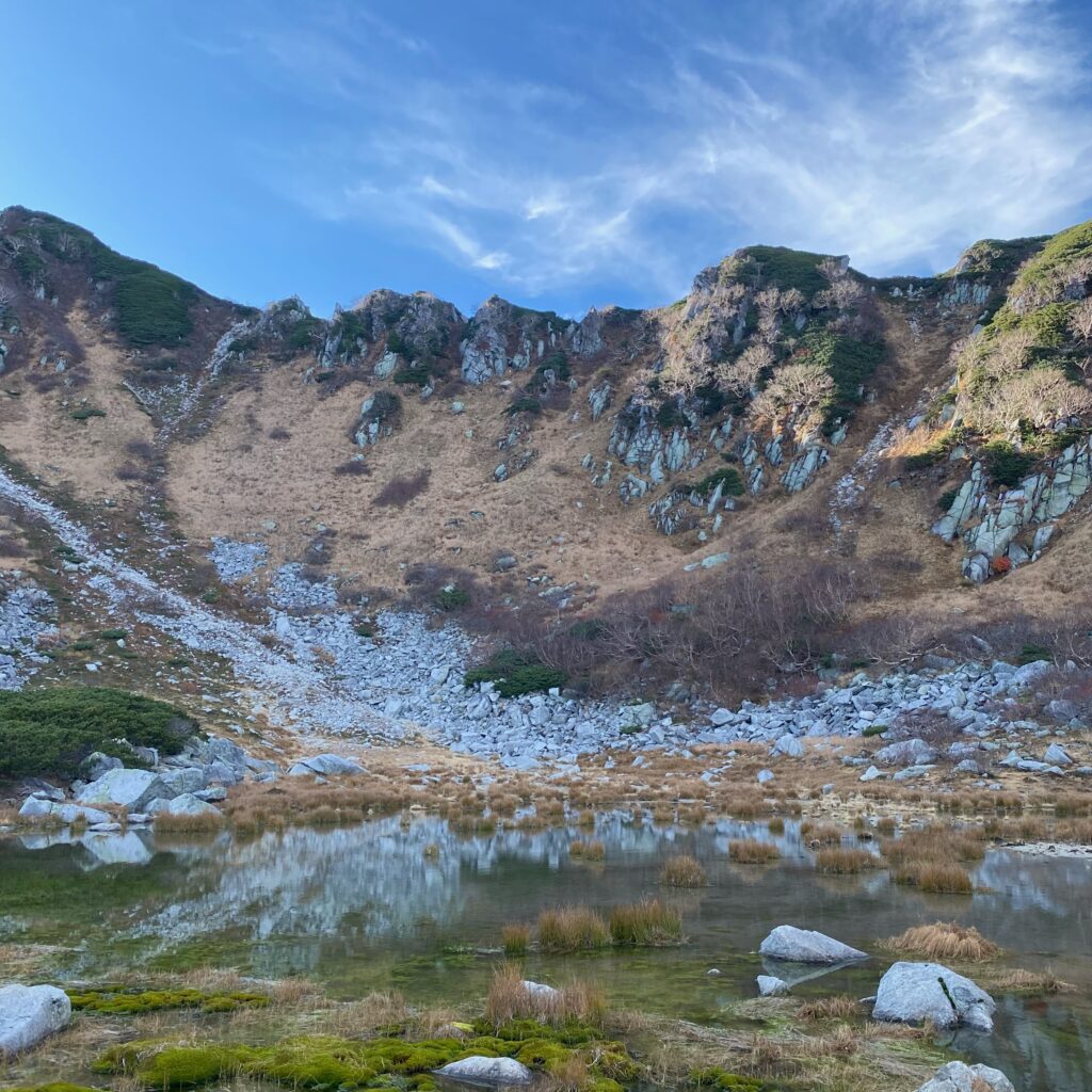中央アルプスの岩壁を映す駒飼ノ池と高山の湿地