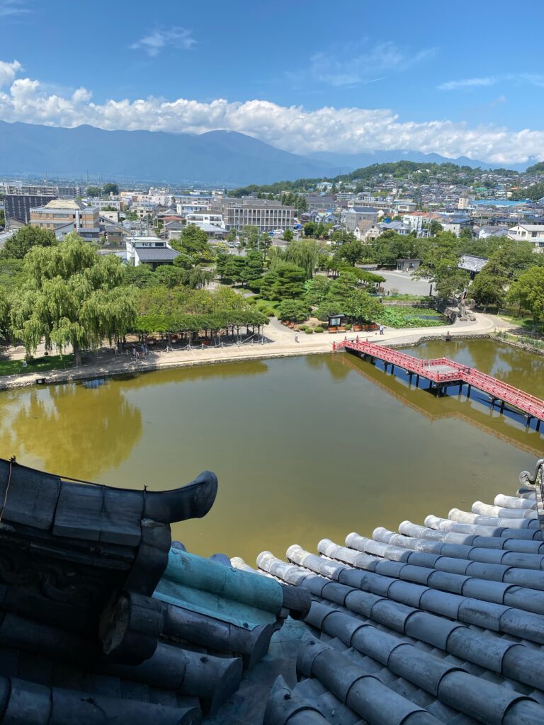 松本城天守から望む松本市街と山並み