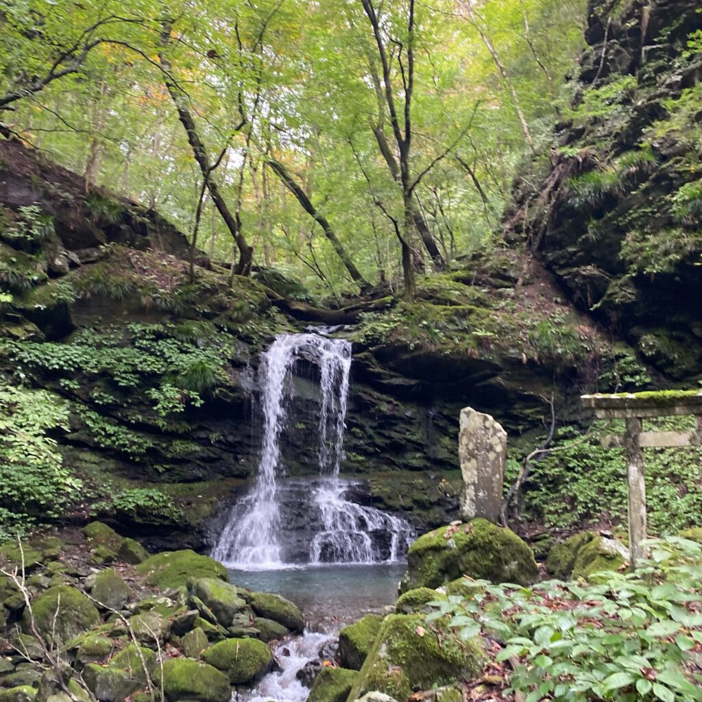 三峯の山中で見た滝と苔むした岩