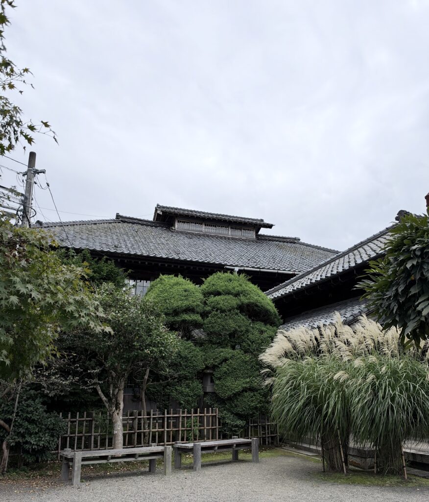 樹木とススキの向こうに見える北方文化博物館の伊藤家旧邸