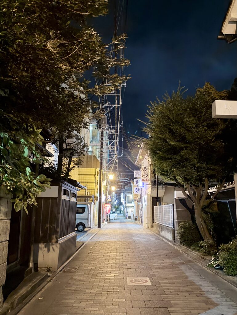 夜の新潟古町に続く料亭街と飲食店の路地