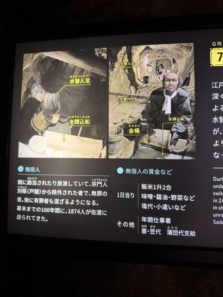 佐渡金山で水替人足として働いた無宿人を解説する展示