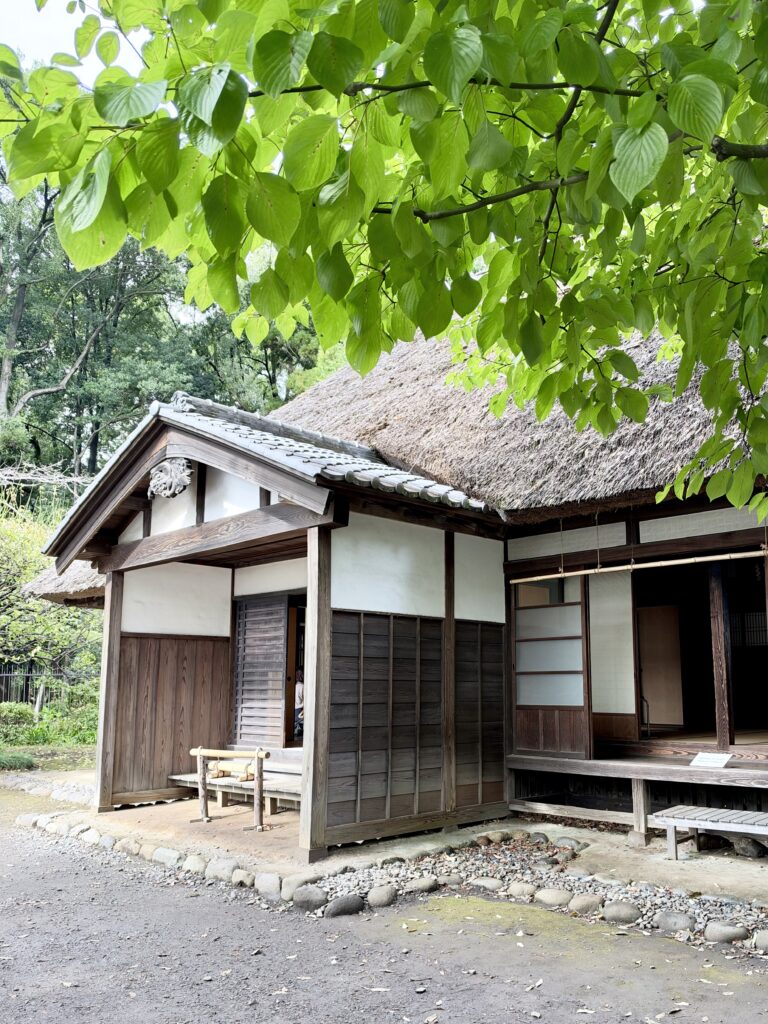 緑の木々に囲まれた綱島家の茅葺き民家