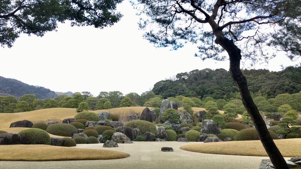 松の幹越しに見た足立美術館の白砂と自然石の庭園
