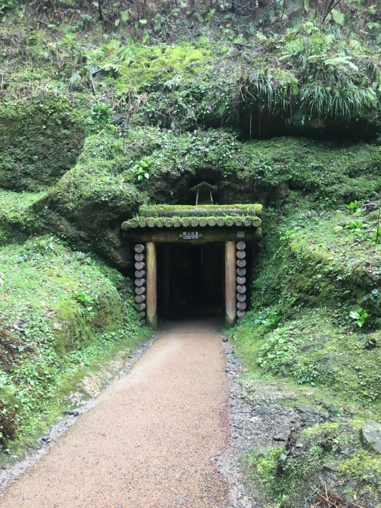 苔むした山の斜面に開く石見銀山・龍源寺間歩の入口