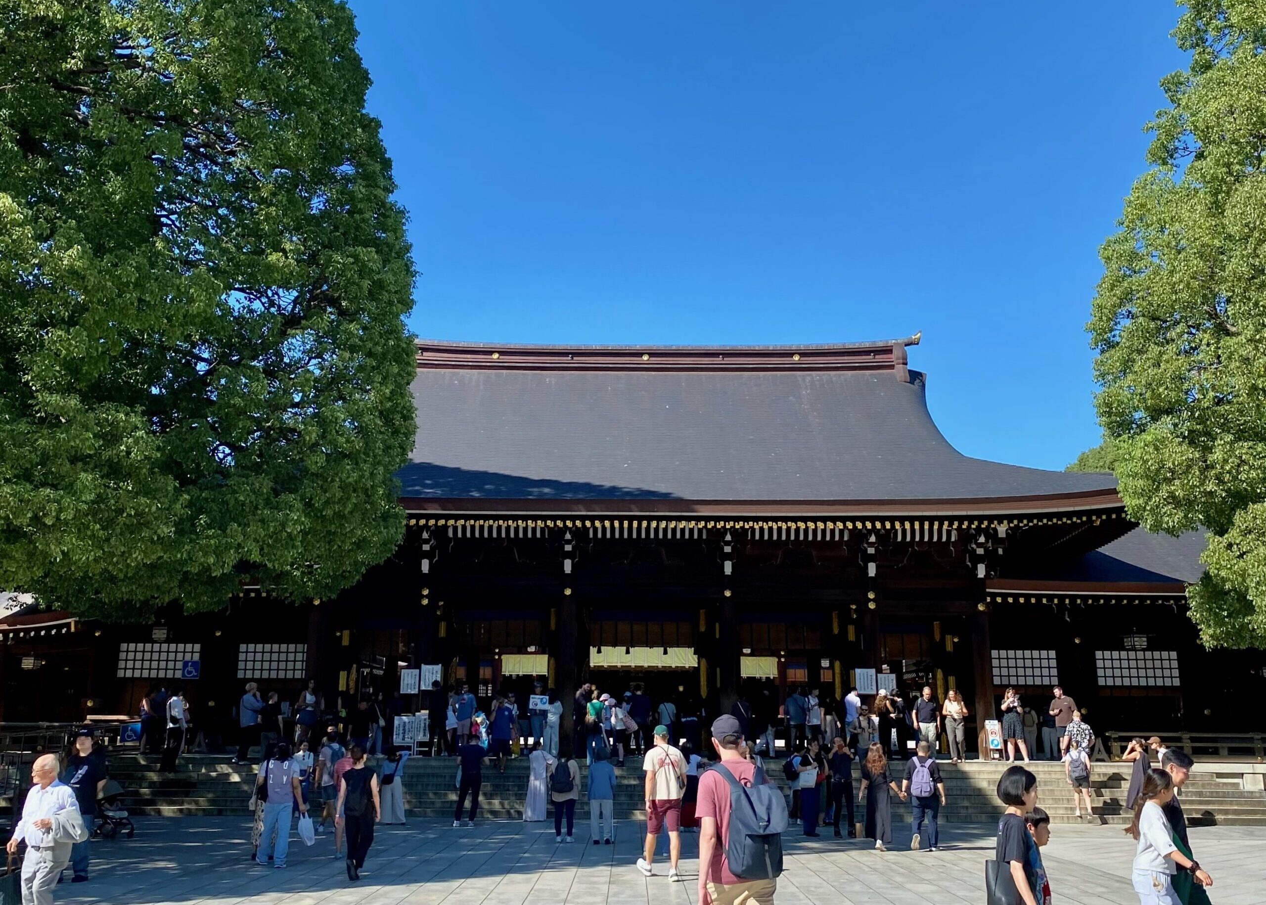 青空と巨木に囲まれた明治神宮御社殿