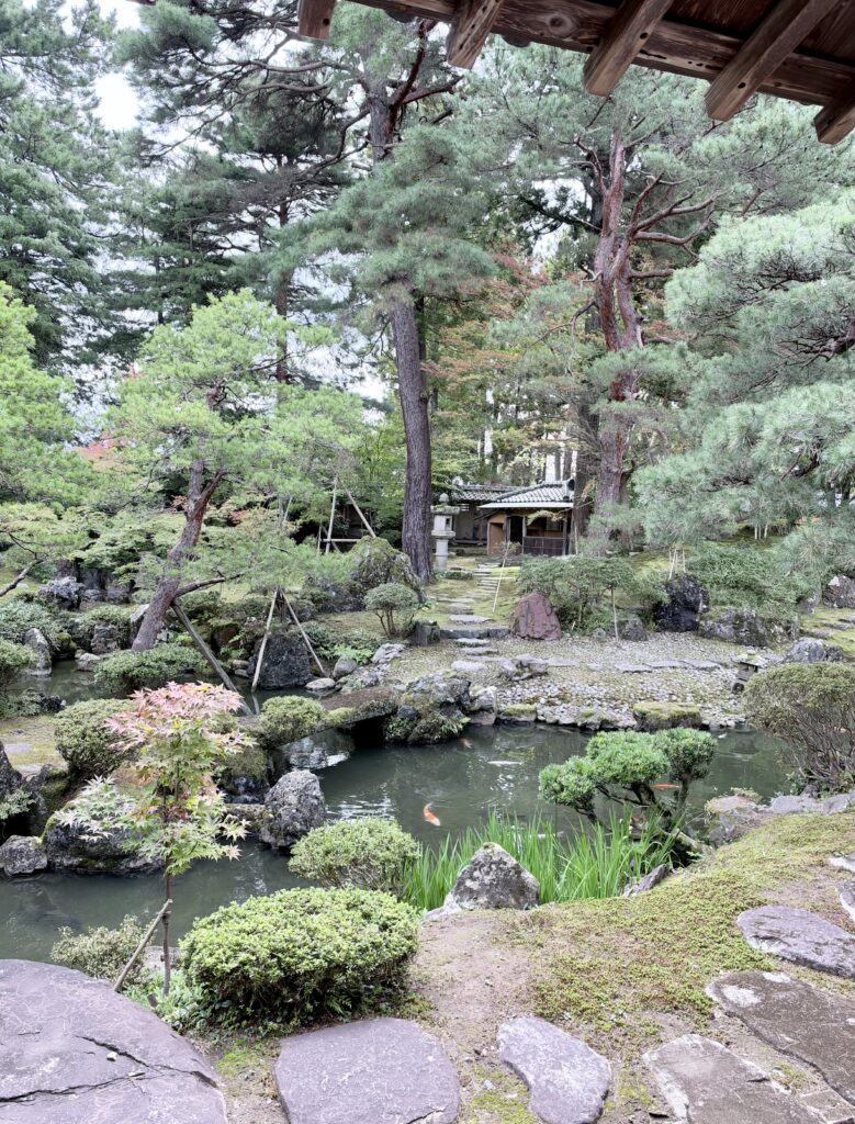 松や庭石、池、石橋が配置された北方文化博物館の日本庭園